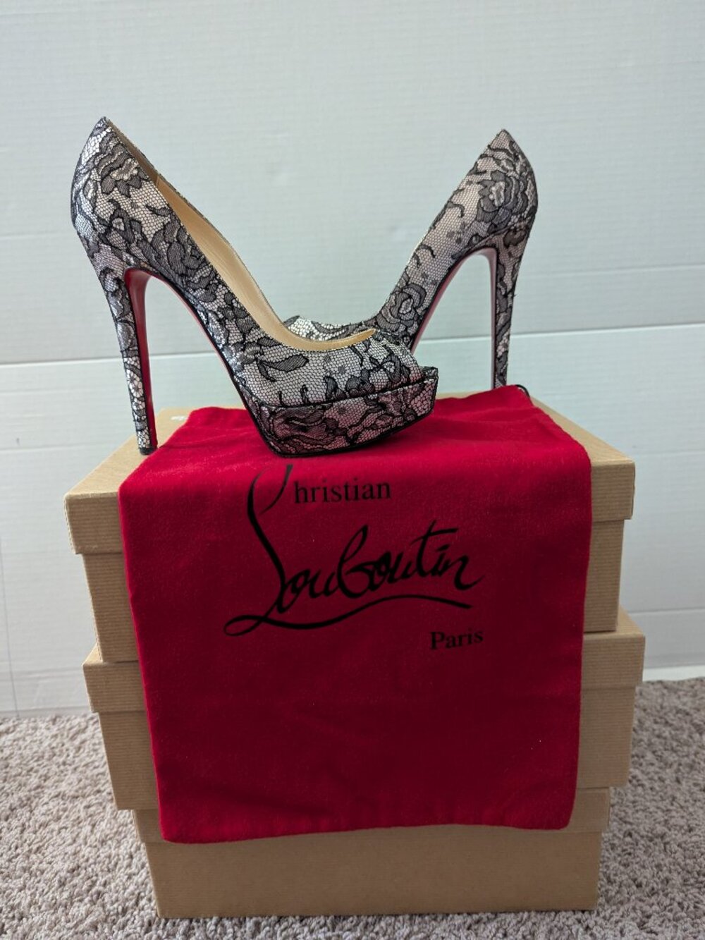 Christian Louboutin Black Lace Stiletto Heels Women's Size 37.5